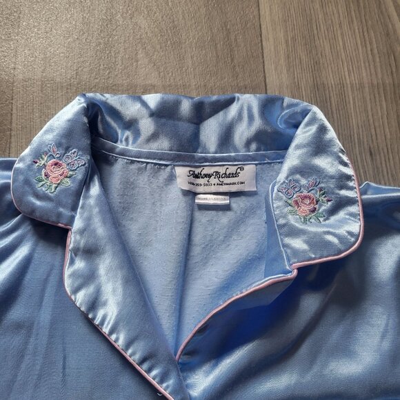 Anthony Richards Womens Light Blue Satin Pajama Set Embroidered Collar Pocket Lp - Picture 7 of 11